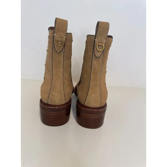 Coach Bowery Peanut Suede Leather Pull-On Studded Chelsea Boots Size 10