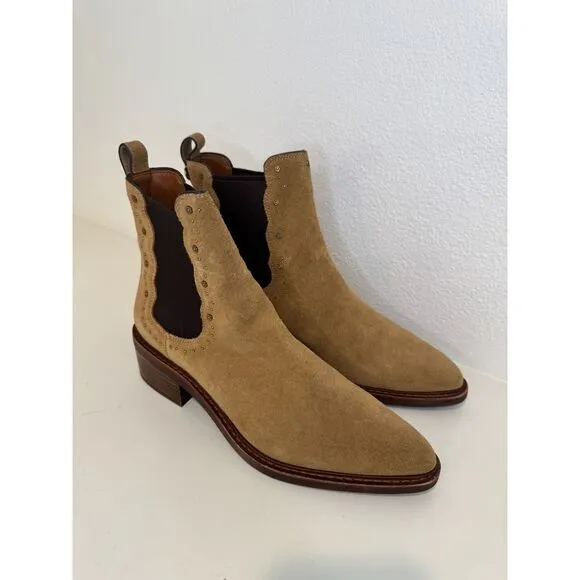 Coach Bowery Peanut Suede Leather Pull-On Studded Chelsea Boots Size 10