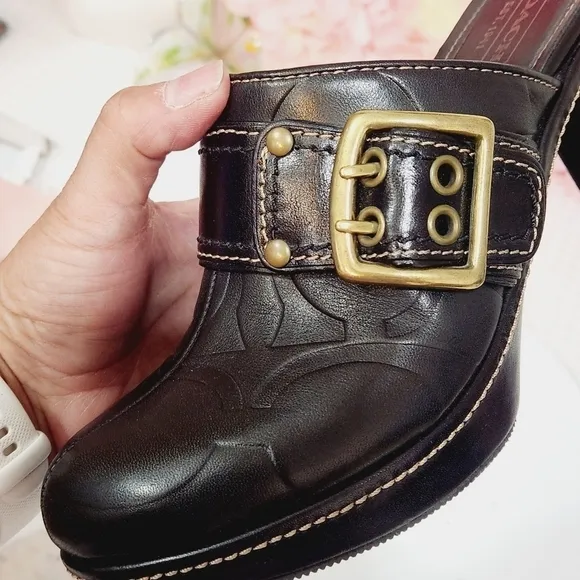 Coach Candace Black Leather Gold Buckle Platform Clogs Size 8B
