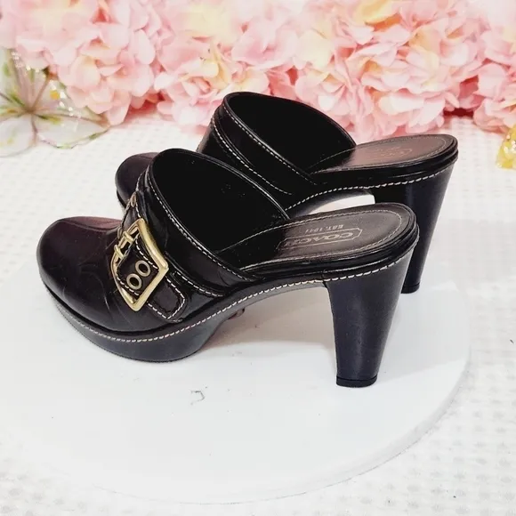 Coach Candace Black Leather Gold Buckle Platform Clogs Size 8B