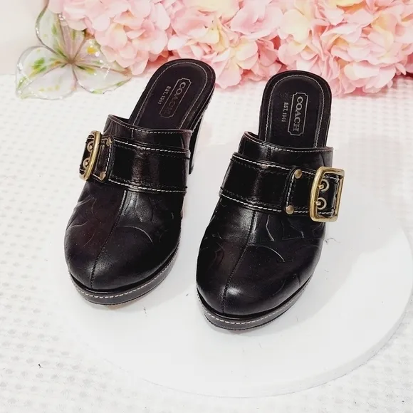 Coach Candace Black Leather Gold Buckle Platform Clogs Size 8B