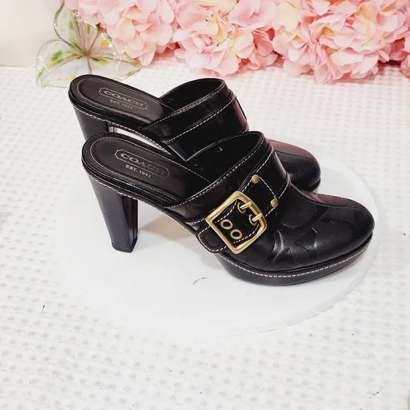 Coach Candace Black Leather Gold Buckle Platform Clogs Size 8B