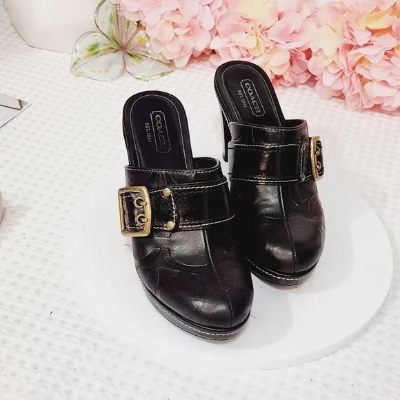Coach Candace Black Leather Gold Buckle Platform Clogs Size 8B