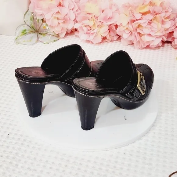 Coach Candace Black Leather Gold Buckle Platform Clogs Size 8B