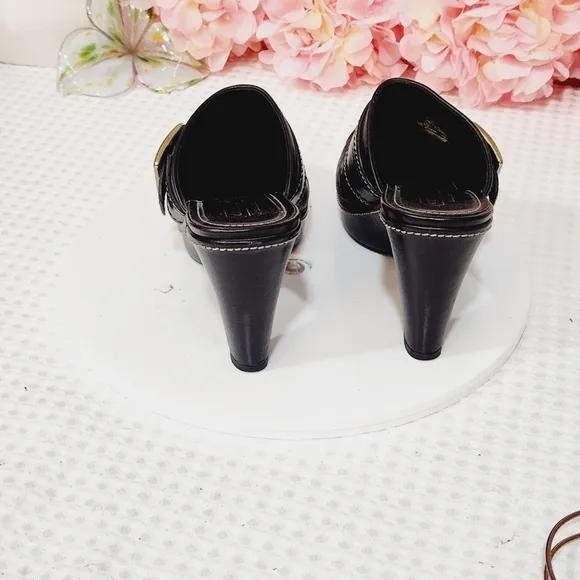 Coach Candace Black Leather Gold Buckle Platform Clogs Size 8B