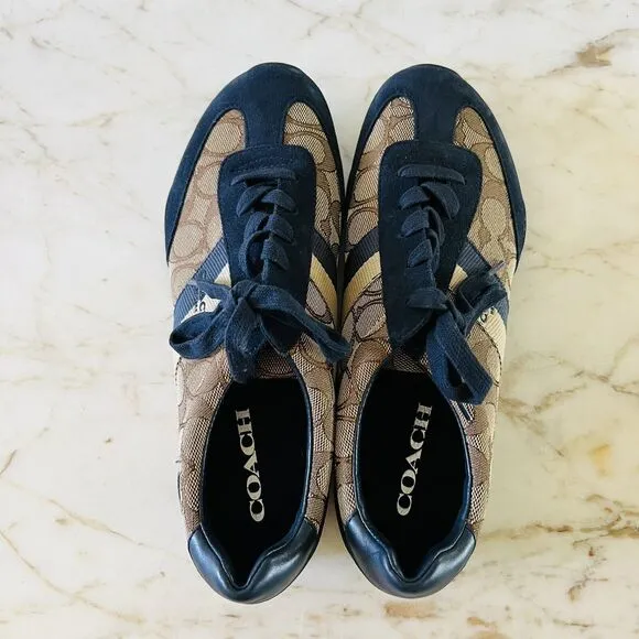 COACH Kelson Khaki Beige Midnight Navy Signature Jacquard Suede Sneakers - US 8