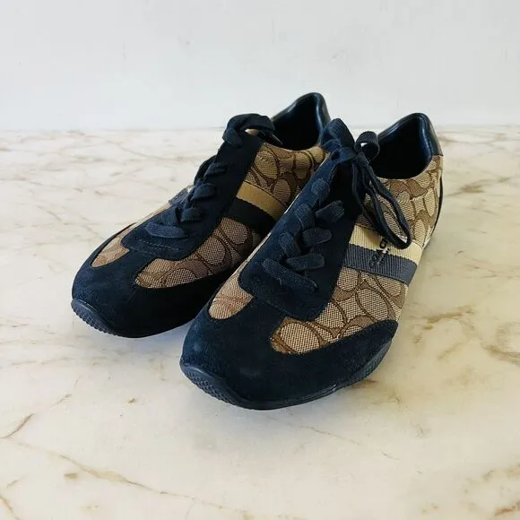 COACH Kelson Khaki Beige Midnight Navy Signature Jacquard Suede Sneakers - US 8
