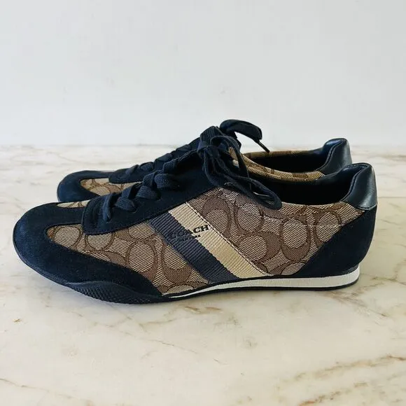 COACH Kelson Khaki Beige Midnight Navy Signature Jacquard Suede Sneakers - US 8
