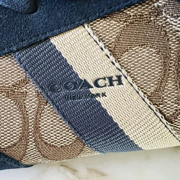 COACH Kelson Khaki Beige Midnight Navy Signature Jacquard Suede Sneakers - US 8
