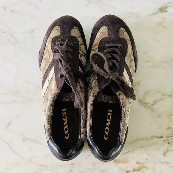 COACH Kelson Khaki Brown Signature Jacquard Suede Sneakers - US 8