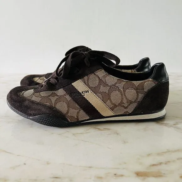 COACH Kelson Khaki Brown Signature Jacquard Suede Sneakers - US 8