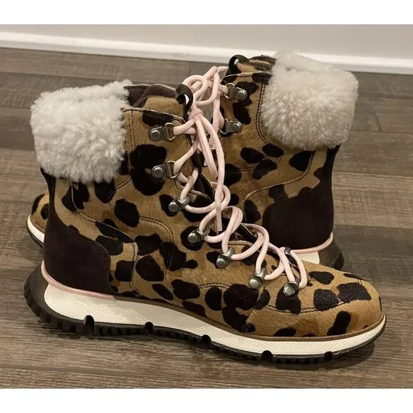 Cole Haan Zerogrand 4ZG Leather Hiker Jag Haircalf Boots Womens NWOB Leopard 6B