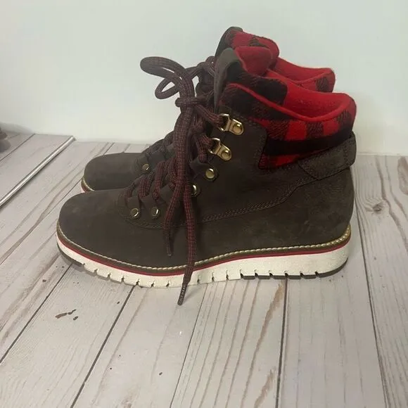 Cole Haan Grand Explore Brown Suede Ankle Boots Wool Buffalo Plaid Red Black Sz