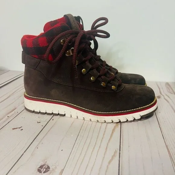 Cole Haan Grand Explore Brown Suede Ankle Boots Wool Buffalo Plaid Red Black Sz