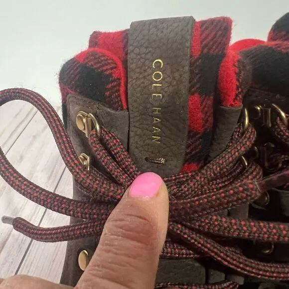 Cole Haan Grand Explore Brown Suede Ankle Boots Wool Buffalo Plaid Red Black Sz