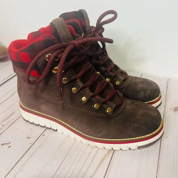 Cole Haan Grand Explore Brown Suede Ankle Boots Wool Buffalo Plaid Red Black Sz