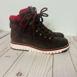Cole Haan Grand Explore Brown Suede Ankle Boots Wool Buffalo Plaid Red Black Sz