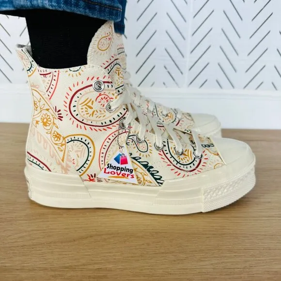 ⭐Converse Chuck 70 Plus Hi 8.5 Women Shoes Beige Floral Paisley Sneakers A08172C