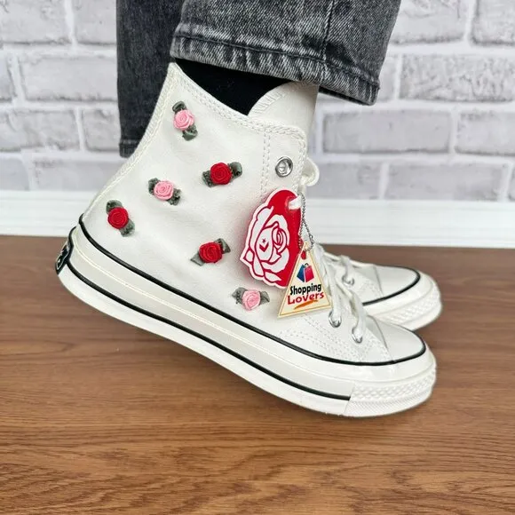 🌹🌹🌹Converse Chuck 70 Valentine's Day Hi Sz 8 Womens Shoes Roses Beige A10637C