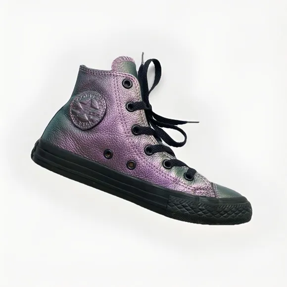 CONVERSE CHUCK TAYLOR ALL STAR PURPLE BLACK IRIDESCENT LEATHER HIGH TOP SHOES