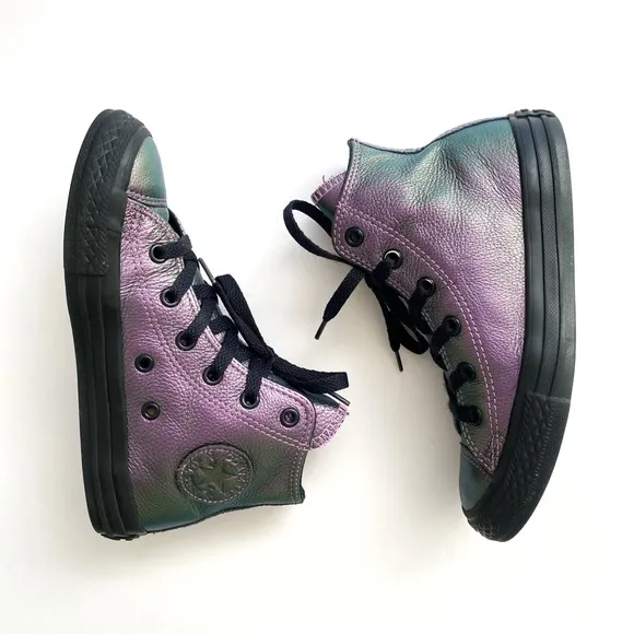 CONVERSE CHUCK TAYLOR ALL STAR PURPLE BLACK IRIDESCENT LEATHER HIGH TOP SHOES