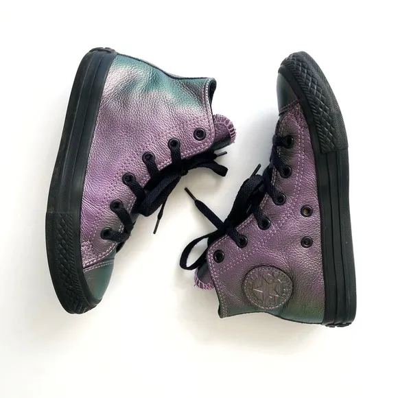 CONVERSE CHUCK TAYLOR ALL STAR PURPLE BLACK IRIDESCENT LEATHER HIGH TOP SHOES