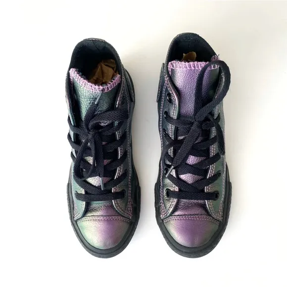 CONVERSE CHUCK TAYLOR ALL STAR PURPLE BLACK IRIDESCENT LEATHER HIGH TOP SHOES