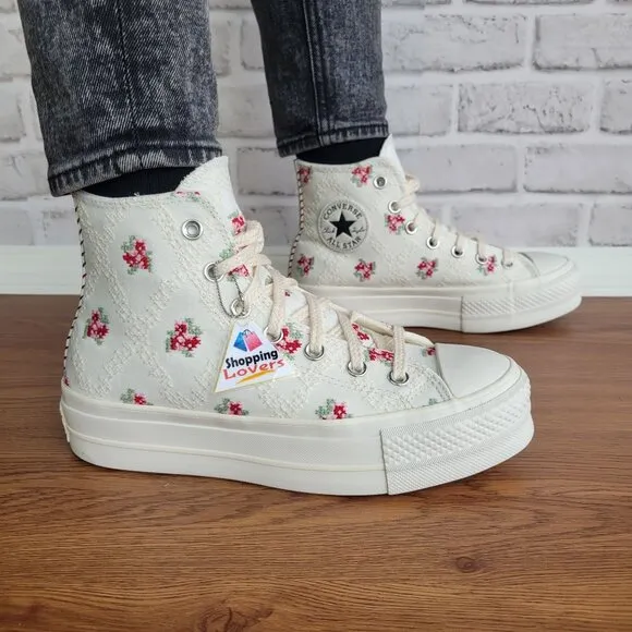 ⭐Converse Chuck Taylor Lift Rose Cross Stitch Sz 7.5 Women's Shoes White A13659C