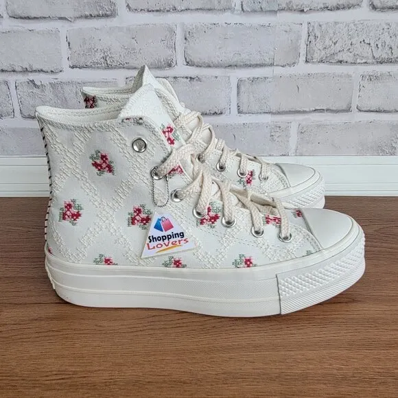 ⭐Converse Chuck Taylor Lift Rose Cross Stitch Sz 7.5 Women's Shoes White A13659C