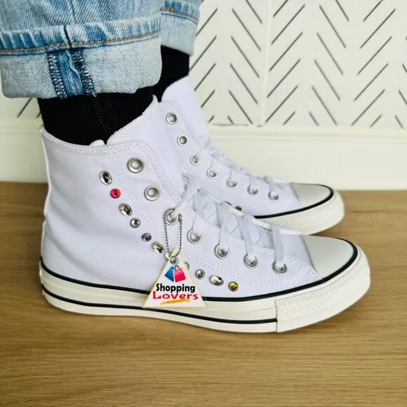 💎Converse Women Fashion sneShoes Sz 7.5 Chuck Taylor All Star Hi Y2K Gems White
