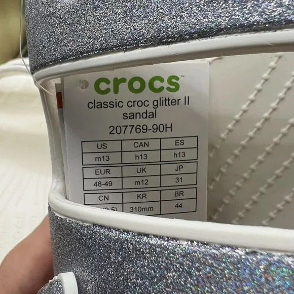 Crocs Classic Croc Glitter II Sandals Men's‎ Size 13 Gray White Slides Shoes NEW