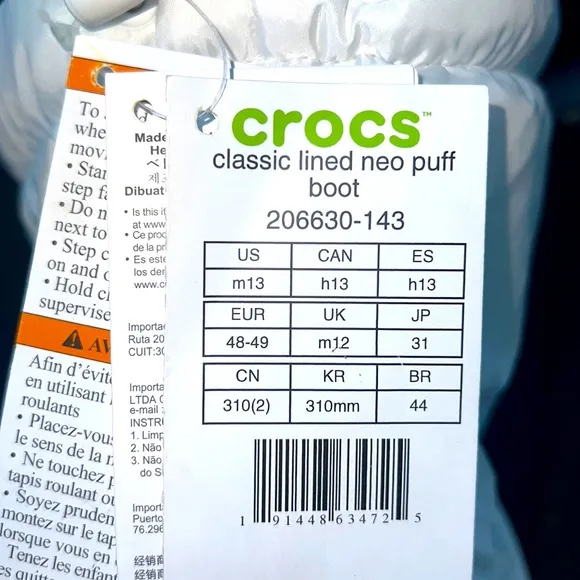 Crocs Classic Lined Neo Puff White BootMens Size 13