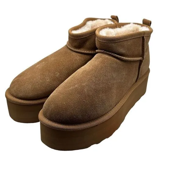 CUSHIONAIRE Women's Genuine Suede pull on platform boot 9.5 WIDE CHESTNUT