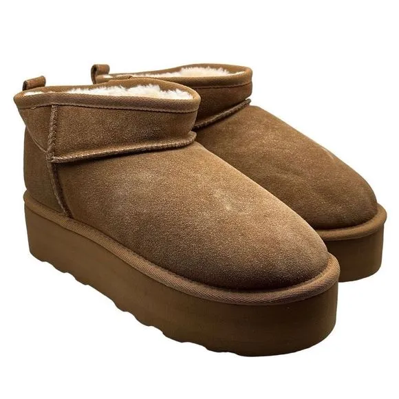 CUSHIONAIRE Women's Genuine Suede pull on platform boot 9.5 WIDE CHESTNUT