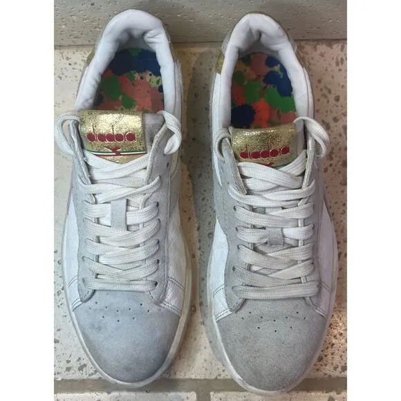 Diadora White Suede Leather Low Rise Lace Up Sneakers Size 7.5