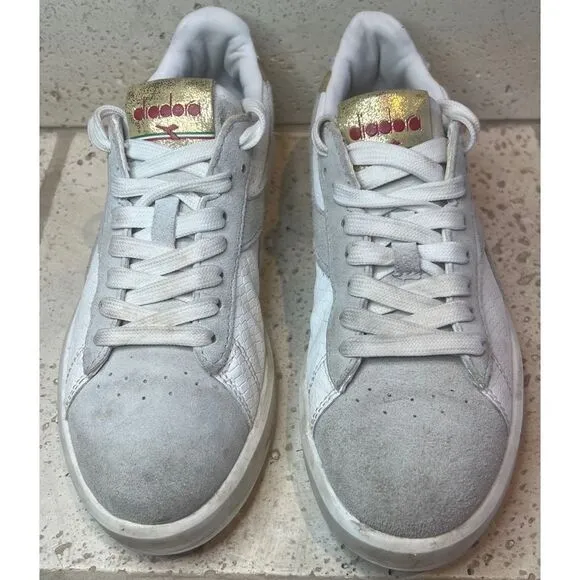 Diadora White Suede Leather Low Rise Lace Up Sneakers Size 7.5