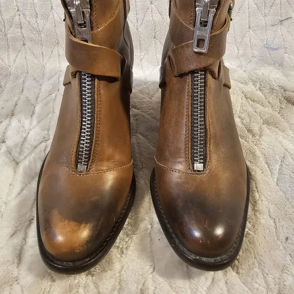 Diesel Chelsea Show Trixy Boots Womens EU37 7 Heel Booties Brown Buckle Strap
