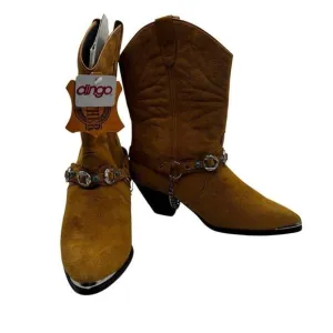 Dingo Western Leather Cowboy Boots With Gemstone Strap &amp; Chain Brown Size 7.5