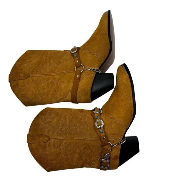 Dingo Western Leather Cowboy Boots With Gemstone Strap &amp; Chain Brown Size 7.5
