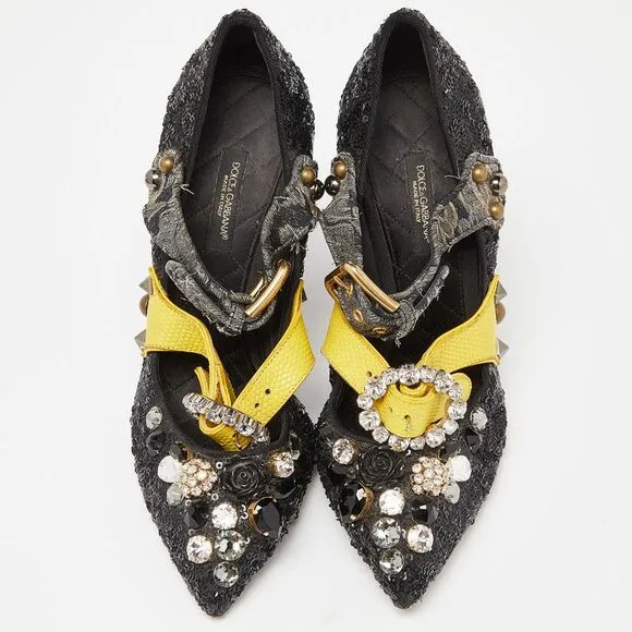 Dolce &amp; Gabbana Black Sequins Crystal Embellished Mary Jane Pumps Size 37