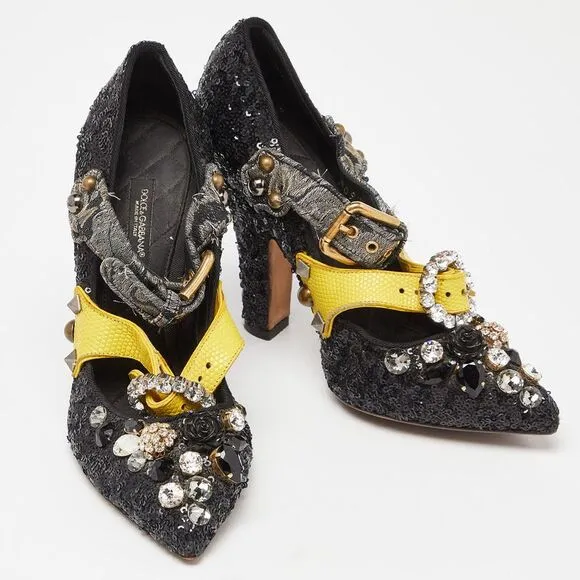 Dolce &amp; Gabbana Black Sequins Crystal Embellished Mary Jane Pumps Size 37
