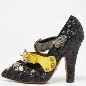 Dolce &amp; Gabbana Black Sequins Crystal Embellished Mary Jane Pumps Size 37