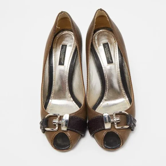 Dolce &amp; Gabbana Olive Green Leather Buckle Strap Peep Toe Pumps Size 37