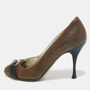 Dolce &amp; Gabbana Olive Green Leather Buckle Strap Peep Toe Pumps Size 37