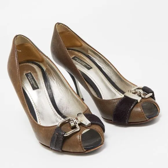 Dolce &amp; Gabbana Olive Green Leather Buckle Strap Peep Toe Pumps Size 37