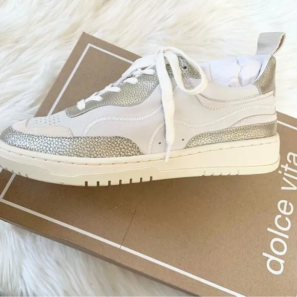 Dolce Vita Adella Sneakers Gold White Premium Leather Shoes Size 7 NEW IN BOX