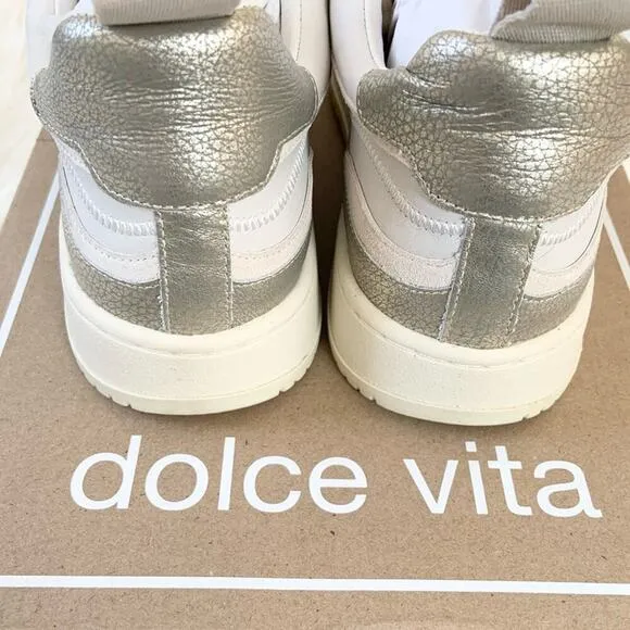 Dolce Vita Adella Sneakers Gold White Premium Leather Shoes Size 7 NEW IN BOX