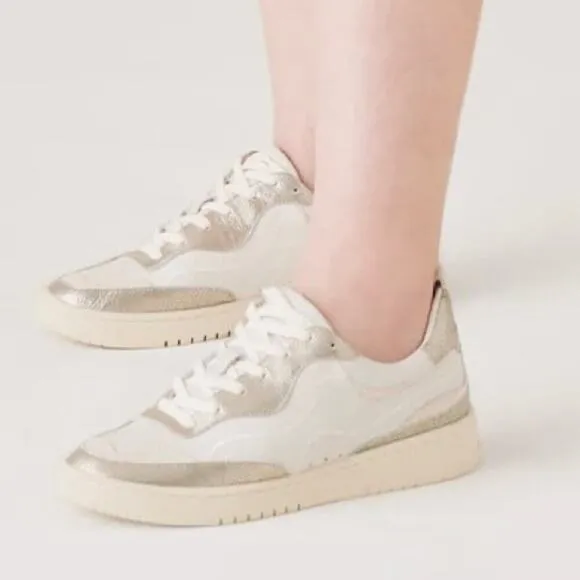 Dolce Vita Adella Sneakers Gold White Premium Leather Shoes Size 7 NEW IN BOX