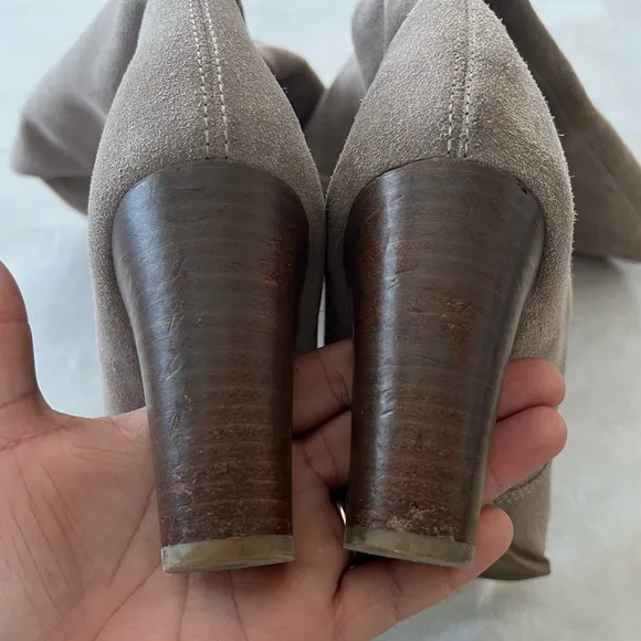 Dolce Vita Celine Knee High Stacked Heel Suede Grey Beige Boots