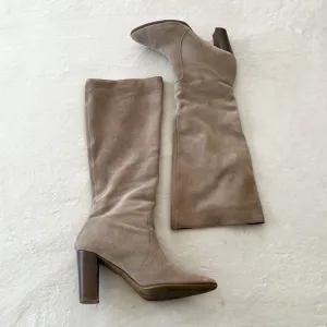 Dolce Vita Celine Knee High Stacked Heel Suede Grey Beige Boots
